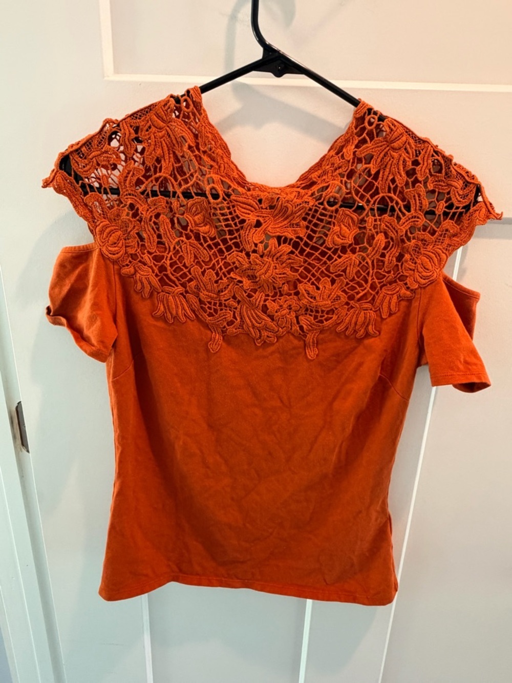 Venus Lace Cold Shoulder Top Small Orange Crochet Neck Boho Blouse